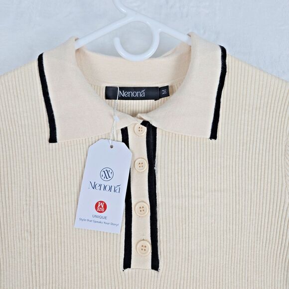 NENONA Pleated Contrast Trim Color Sweater Long Sleeve Women Medium Cream Lapel - Picture 4 of 7